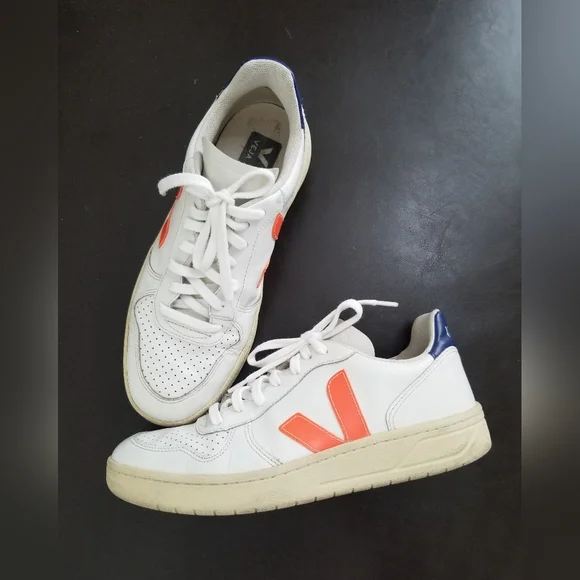 Veja Leather V-10 Sneakers Woman White N Orange Logo Sz 8 - Picture 1 of 14